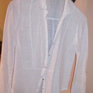 "LADIES SHEER WHITE BUTTON DOWN BLOUSE & NAVY BLUE SHRUG" XS & SMALL